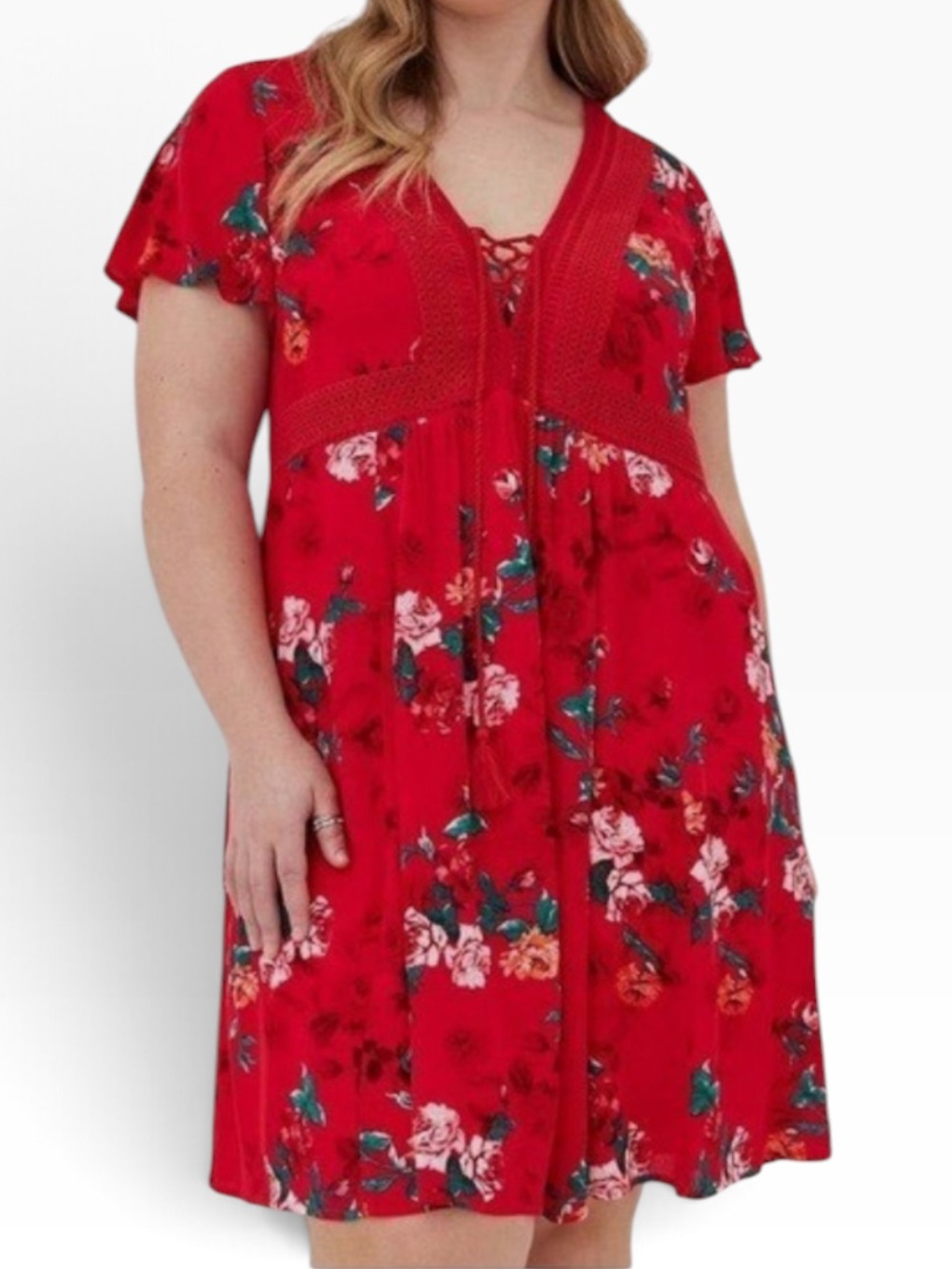 torrid Red Floral Gauze Lace-Up V-Neck Short Sleeve A-Line Dress 2X